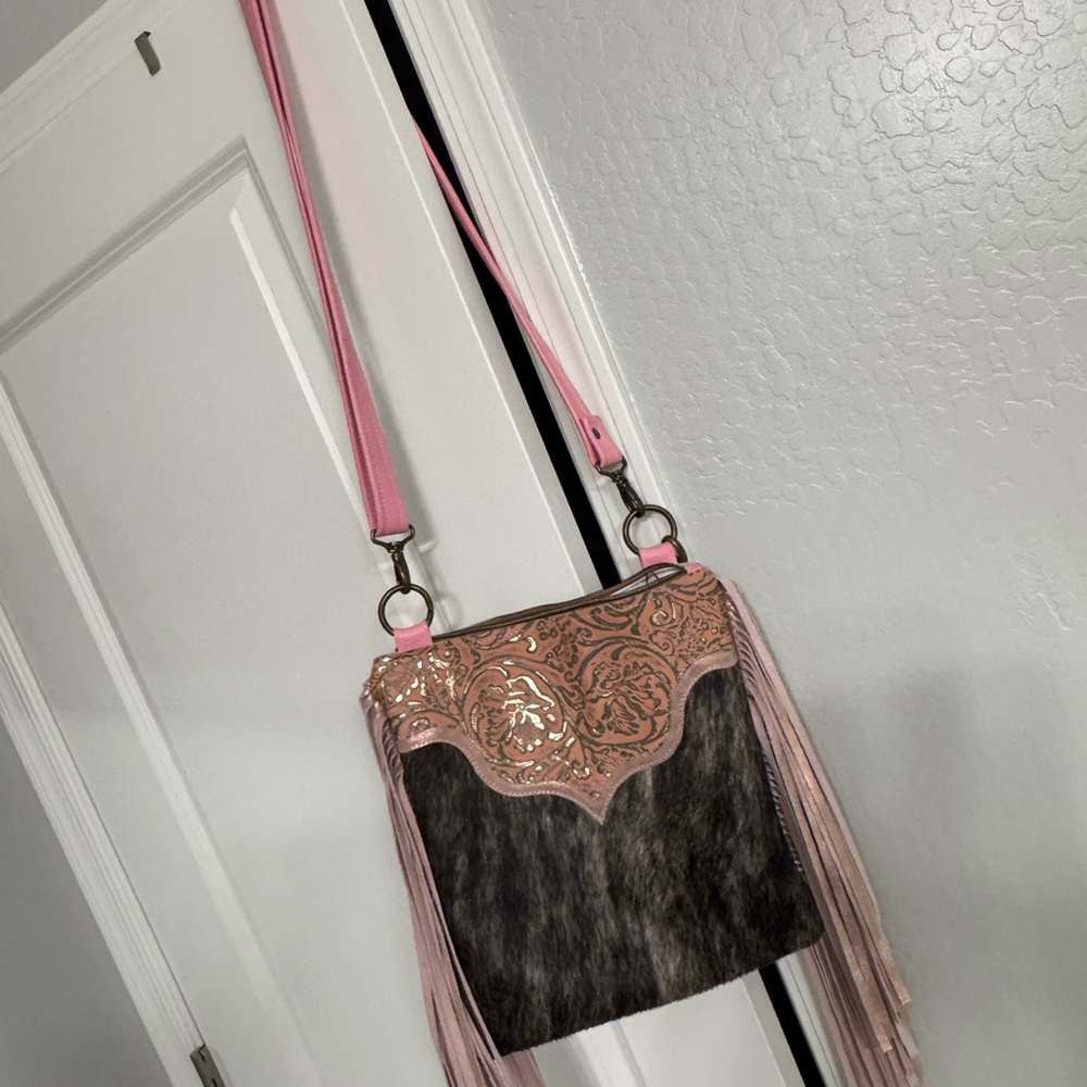 Pink and Brown Fringe Crossbody Bag
